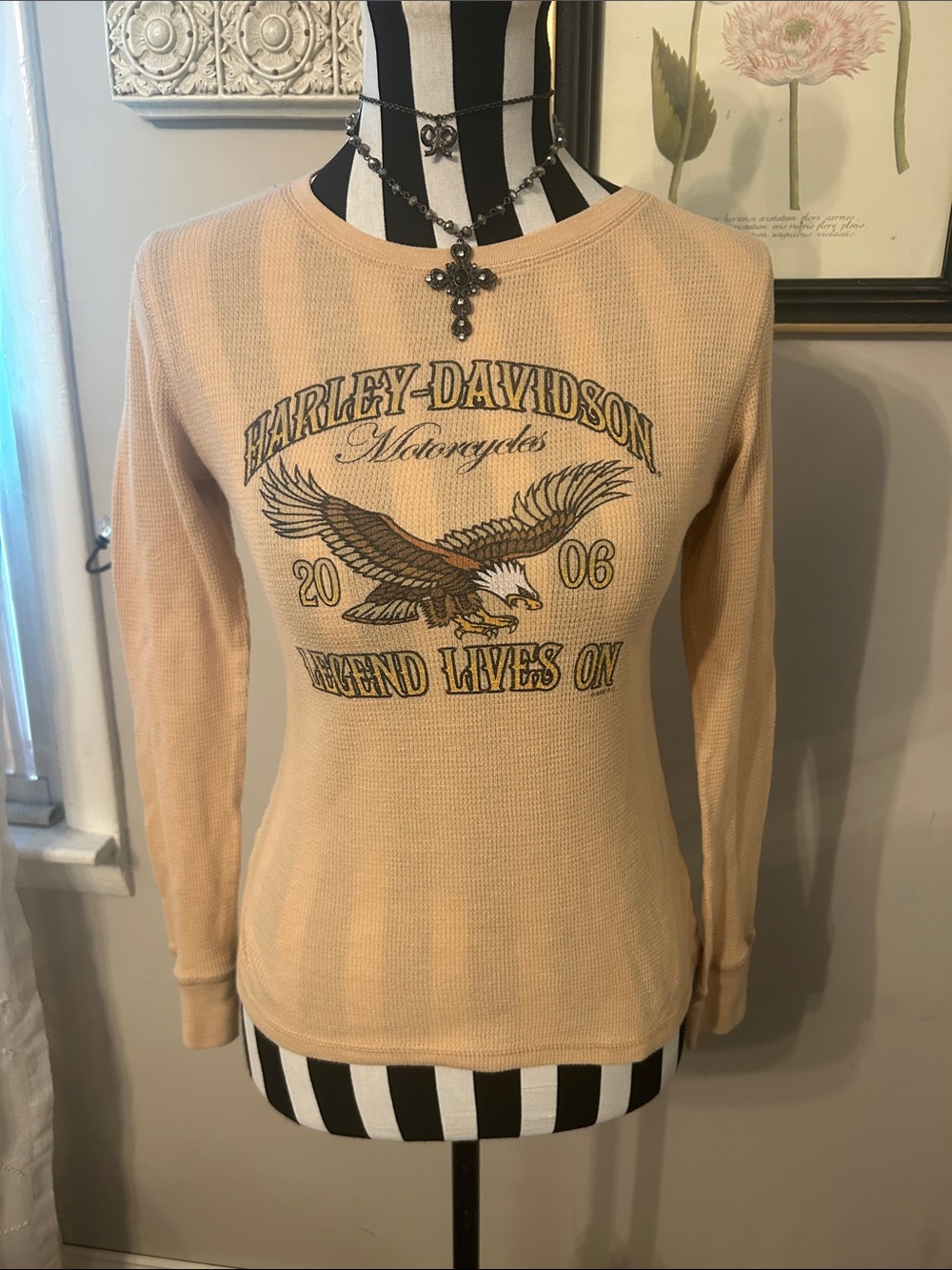 Vintage Harley-Davidson Cream Waffle Knit Long-Sleeve Crewneck with Eagle